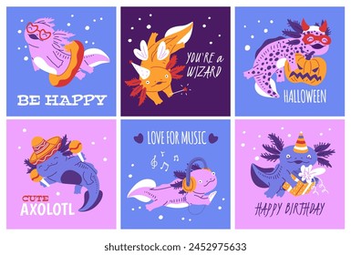 Cute cards for various occasions and holidays with funny axolotl salamander, cartoon flat vector illustration. Birthday and holiday prints and banners with axolotl. svg