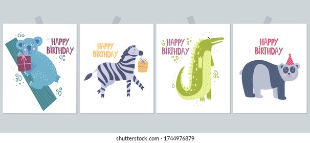 
Cute Karten mit wilden Tieren wie Koala, Zebra, Krokodil, Panda. Herzlichen Glückwunsch zum Geburtstag Vector Illustration auf einem weißen Hintergrund. Handzeichnung.