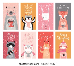 Cute cards with woodland animals  celebrating Christmas eve, having fun, drinking tea. Funny characters. Vector illustration.