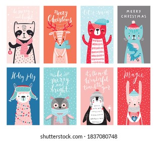 Cute cards with woodland animals  celebrating Christmas eve, having fun, drinking tea. Funny characters. Vector illustration.