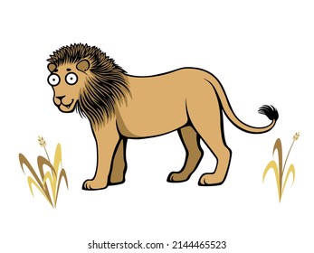 Cute carefree lion walking through dry grass