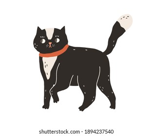 Cute careful cat walking and looking amazed and suspicious. Funny astonished domestic kitty drawn in doodle style. Colorful flat vector illustration isolated on white background