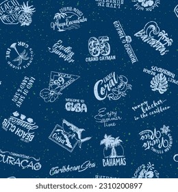 Cute Caribbean islands graphic labels collection vector seamless pattern for summer children wear grunge effect in separate layer svg