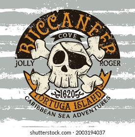 Cute Caribbean sea buccaneer skull and bones grunge vector print for children wear  svg