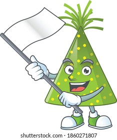 Cute caricature character of green party hat with a white flag. Vector illustration