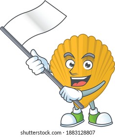Cute caricature character of yellow clamp with a white flag. Vector illustration