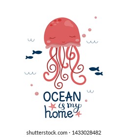 Cute caricature of red jellyfish. Vector illustration for children. Vector illustration with hand lettering.