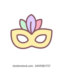 Cute carnival mask icon. Hand drawn illustration of a party mask with feathers isolated on a white background. Kawaii sticker. Vector 10 EPS.