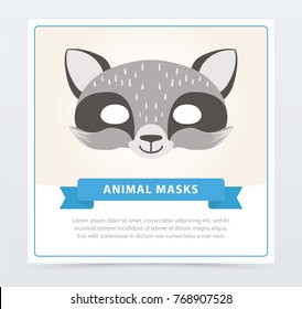 Cute carnival mask of raccoon. Children s masquerade accessory. Animal s muzzle. Flat vector design for kids birthday party invitation or greeting card.