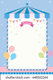 Cute carnival template decorated with circus tent, buntings and balloons on blue background.