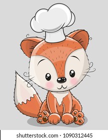 Cute Caroon Fox in a cook hat isolated on a gray background