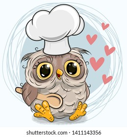 Cute Caroon Owl in a cook hat with spoon