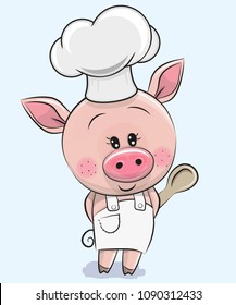 Cute Caroon Pig in a cook hat with spoon