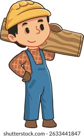 A cute carpenter child wearing a hard hat and overalls, carrying a wooden plank, symbolizing youthful learning or future trades. Great for kid-friendly designs about building, crafts.
