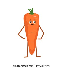 Cute carrot with angry emotions isolated on white background. The funny or grumpy hero, orange fruit and vegetable. Vector flat illustration