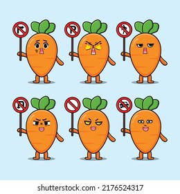 Cute carrot cartoon character holding traffic sign in modern flat style design