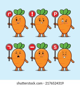 Cute carrot cartoon character holding traffic sign in modern flat style design