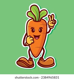
Cute carrot cartoon character peace fingers with green background. for funny sticker. flat vector illustration design style. vagetable icon