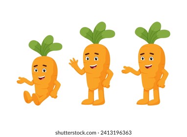 Cute Carrot Cartoon Character Set. Carrot Waving Hand Sitting and Standing Vector Illustration
