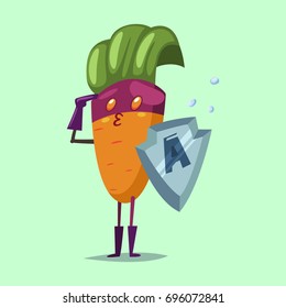 Cute Carrot cartoon character of a vegetable in a superhero costume, mask and metal shield. Vector concept illustration in a flat style for a healthy eating and lifestyle.