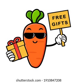 cute carrot cartoon mascot character funny expression  holding gifts box