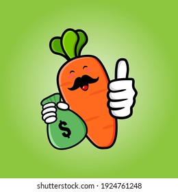 cute carrot cartoon mascot character funny expression holding money pouch with tumb up