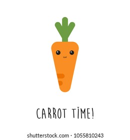 Cute carrot cartoon with carrot time text in flat design isolated on white background.Vegetable character with huge shiny eyes.