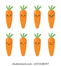 Cute carrot character. Cartoon carrot emoji icon set. Vector illustration