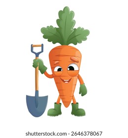 Cute Carrot Character Harvesting with a Shovel – Funny Garden Illustration.