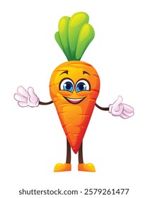 Cute carrot character with open arms, welcoming and cheerful. Vector cartoon illustration