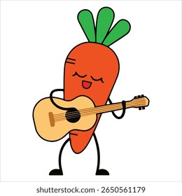 Cute carrot character playing guitar, vector illustration on white background. Whimsical vegetable musician for playful and food themed designs.