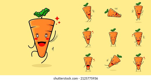cute carrot character with smile and happy expression, jump, mouth open and sparkling eyes. green and orange. suitable for emoticon, logo, mascot and icon