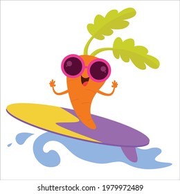 Cute carrot character surfing vector template design illustration