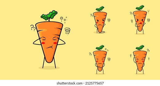 cute carrot character with thinking expression. green and orange. suitable for emoticon, logo, mascot