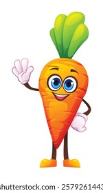 Cute carrot character waving happily. Vector cartoon illustration