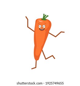 Cute carrot cheerful with emotions dancing isolated on white background. The funny or sad hero, bright fruit and vegetable. Vector flat illustration