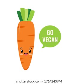 Cute carrot emoji character isolated on white background. Kawaii style fresh funny orange carrot and speach bubble go vegan slogan. Flat design cartoon food emoticon. Sweet stylish character sticker