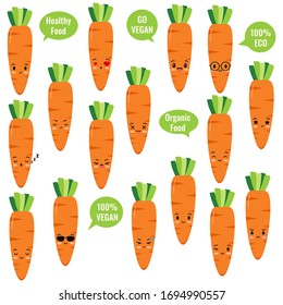 Cute carrot emoji icon set. Kawaii style fresh funny orange carrot and speach bubble with vegan slogan. Flat design cartoon food emoticon collection. Go vegan concept. Sweet stylish characters sticker