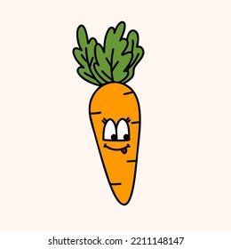 Cute carrot farm organic vegetable. Hand draw illustration. Kawaii face. Doodle style. Vector on isolated background. For printing on paper and fabric, children's illustration