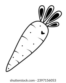 Cute carrot with a heart, love to root vegetables, black line vector illustration