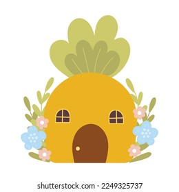 Cute carrot house in scandinavian style for kids illustration, design element for spring themed invitations or gift cards in cartoon style