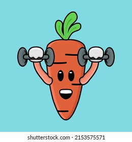 Cute carrot mascot exercising using dumbbells of illustration vector and Premium Vector