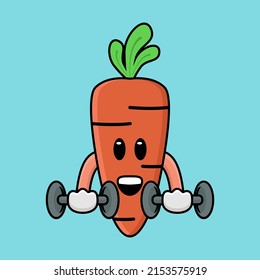 Mascota de zanahoria suave haciendo ejercicio usando campanas de ilustración vectorial y Vector Premium