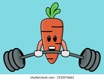 Cute carrot mascot exercising using barbells of illustration vector and Premium Vector