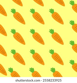 Cute carrot seamless pattern on yellow background, Carrot motif for kitchen accessories, store, menu, and food packaging