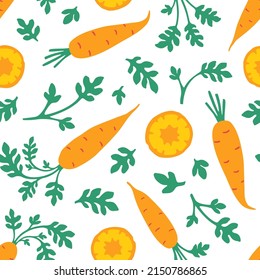 Cute carrot seamless pattern. Whole vegetables, slices and leaves. Flat vector hand drawn illustration in cartoon style