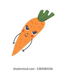 Cute Carrot with Smiling Face, Adorable Funny Vegetable Cartoon Character Vector Illustration