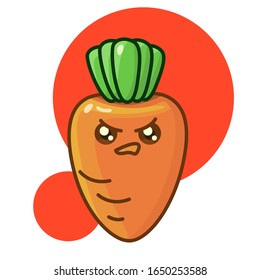 Cute carrot sticker in anger with red circles. Healthy food symbol for social media network logo, scrapbook sticker, t-shirt print, icon, hoody, bag. White background stock vector illustration
