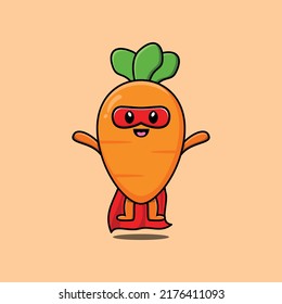 Cute carrot superhero character flaying illustration cartoon vector in concept flat modern style