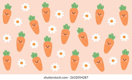 Cute carrots with green tops and simple white daisy flowers with orange centers pattern, scattered on a soft pastel peach background. Playful design perfect for packaging, wallpapers, or fabric prints